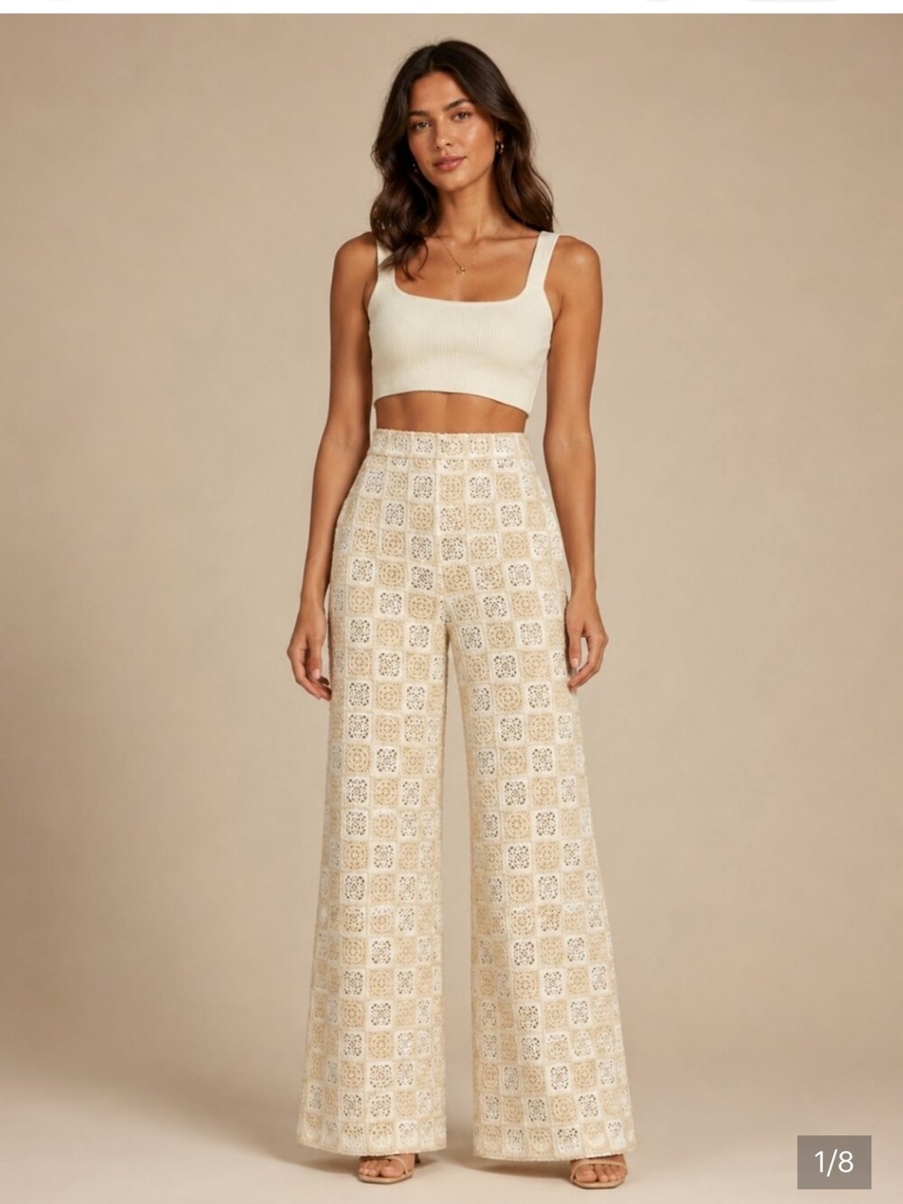 sundays Crochet Square Lace Wide-Leg Pants in Cream